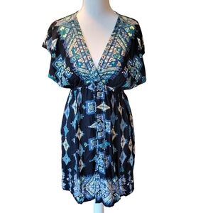 Angie Black Blue Geometric Plunging Vneck Short Sleeve Mini Dress